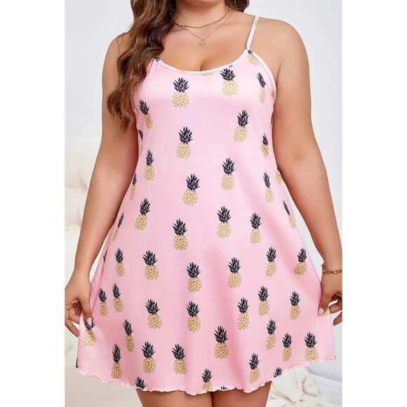 Unbranded Other - Pineapple Print Night Dress Women's 3XL Cami Round Neck Top Lettuce Trim NEW!